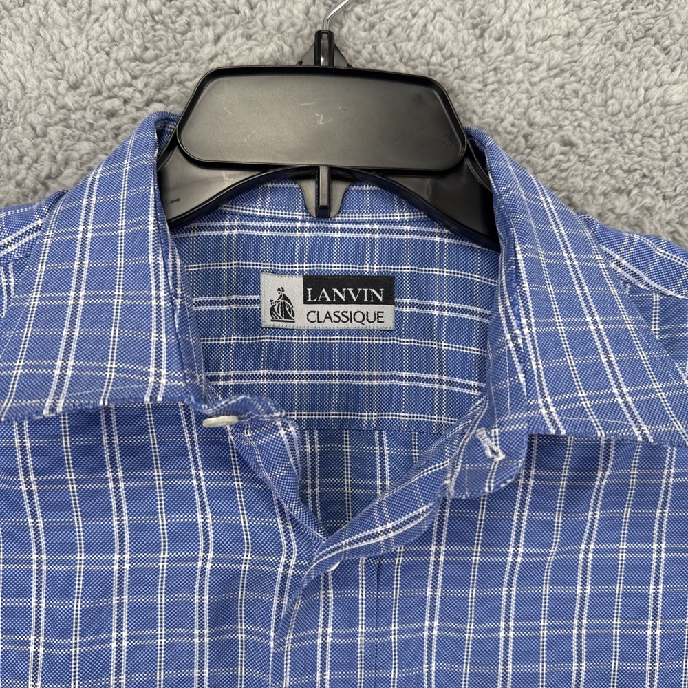 Lanvin Classique Mens 42 16.5 Plaid Button Up Shirt Blue White Check L/S France